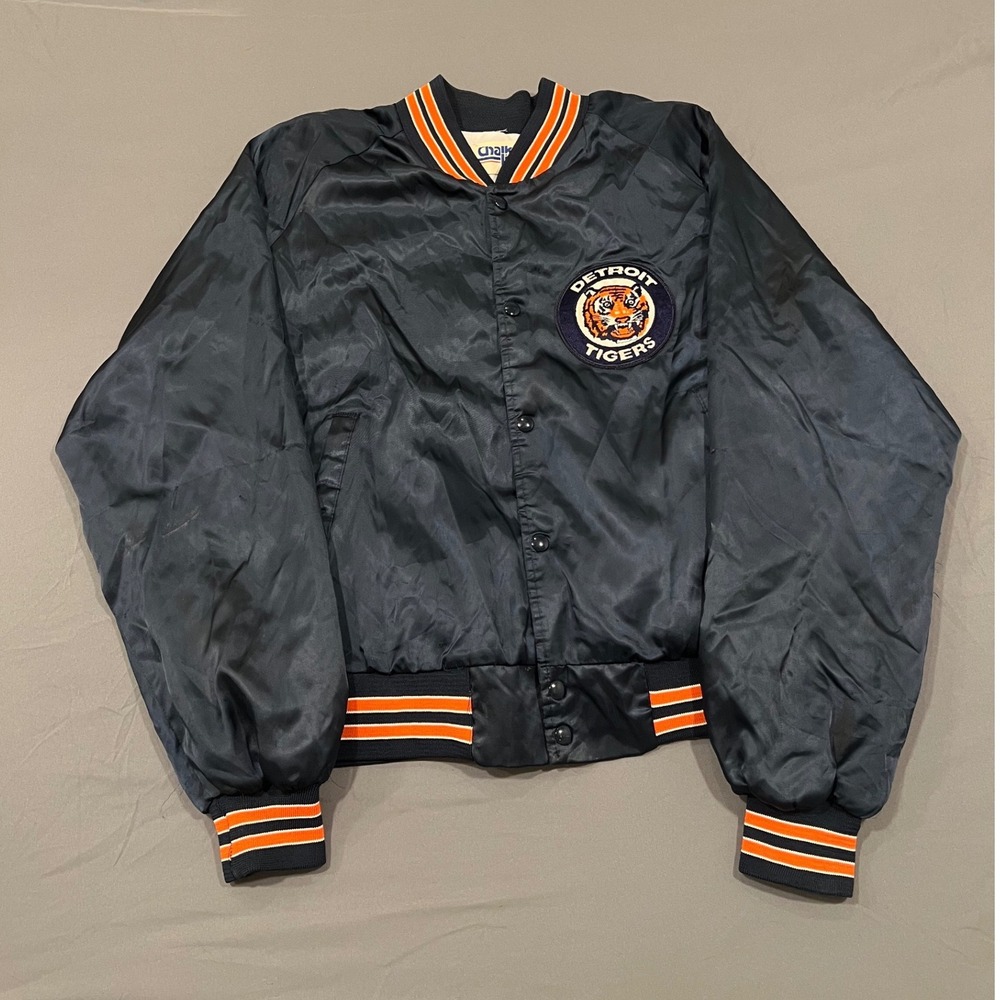 Vintage Detroit Tigers Chalk Line Satin Bomber Jacket XL Navy MLB Baseball 80s